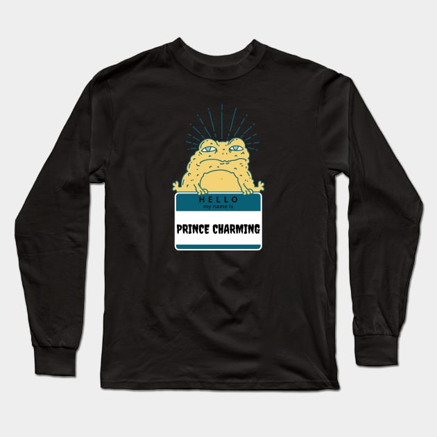 Prince Charming Frog "Hello My Name" Is Tan/Turquoise Long Sleeve T-Shirt by jackofdreams22